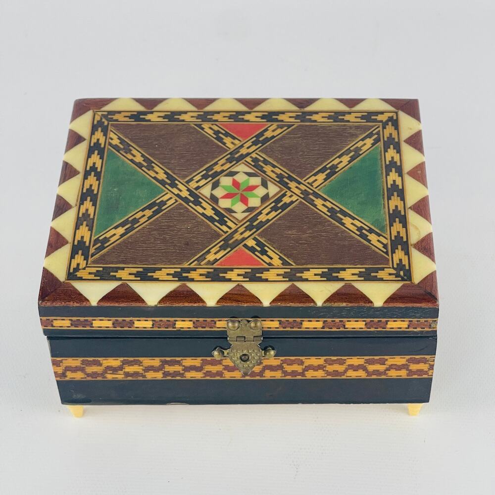 Vintage Spanish Marquetry Wooden Jewelry Music Box w/ Inlay Latch Hinges Lid